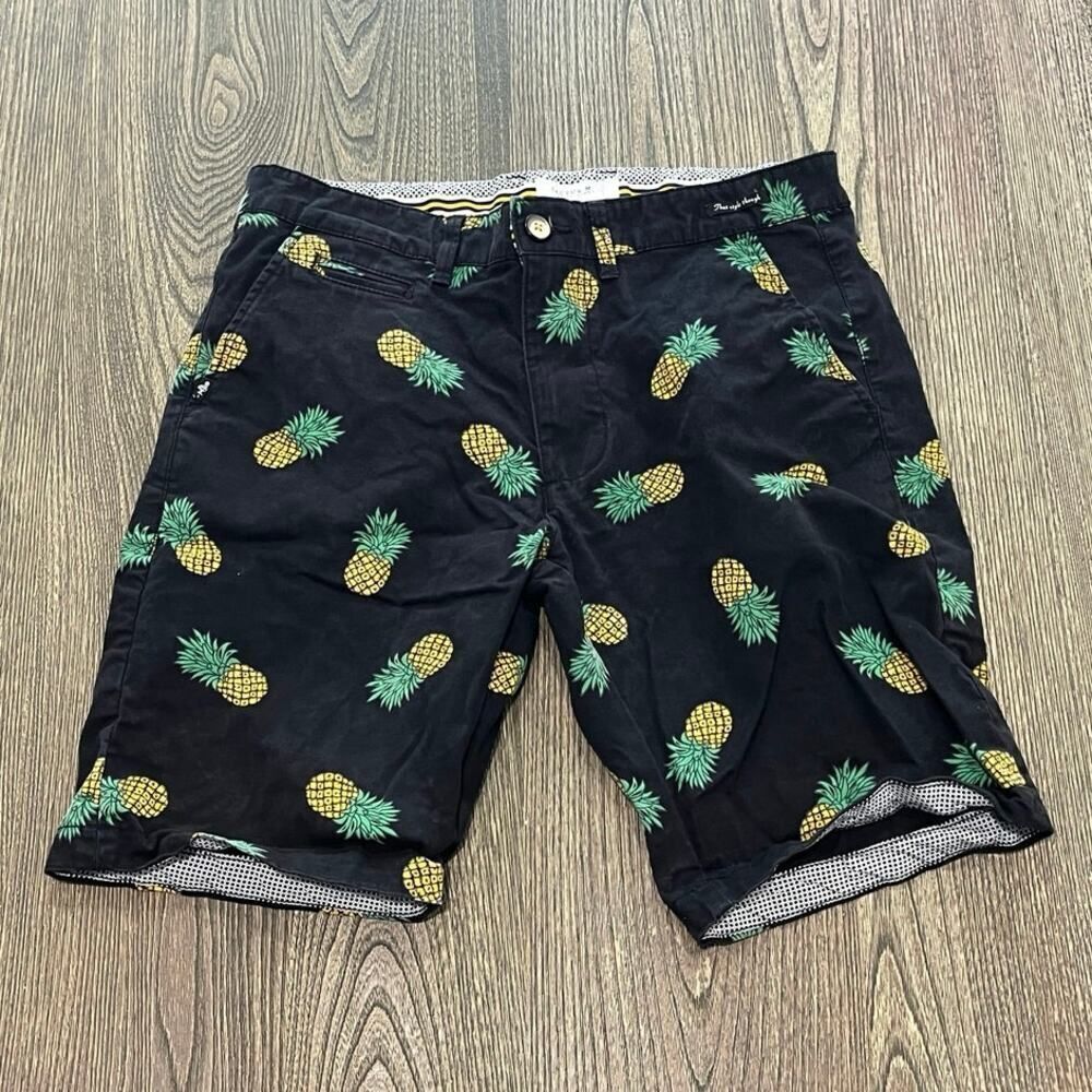 Cactus Man Ricky Singh Mens Chino Shorts Mid Rise Pineapple Print Black Size 29